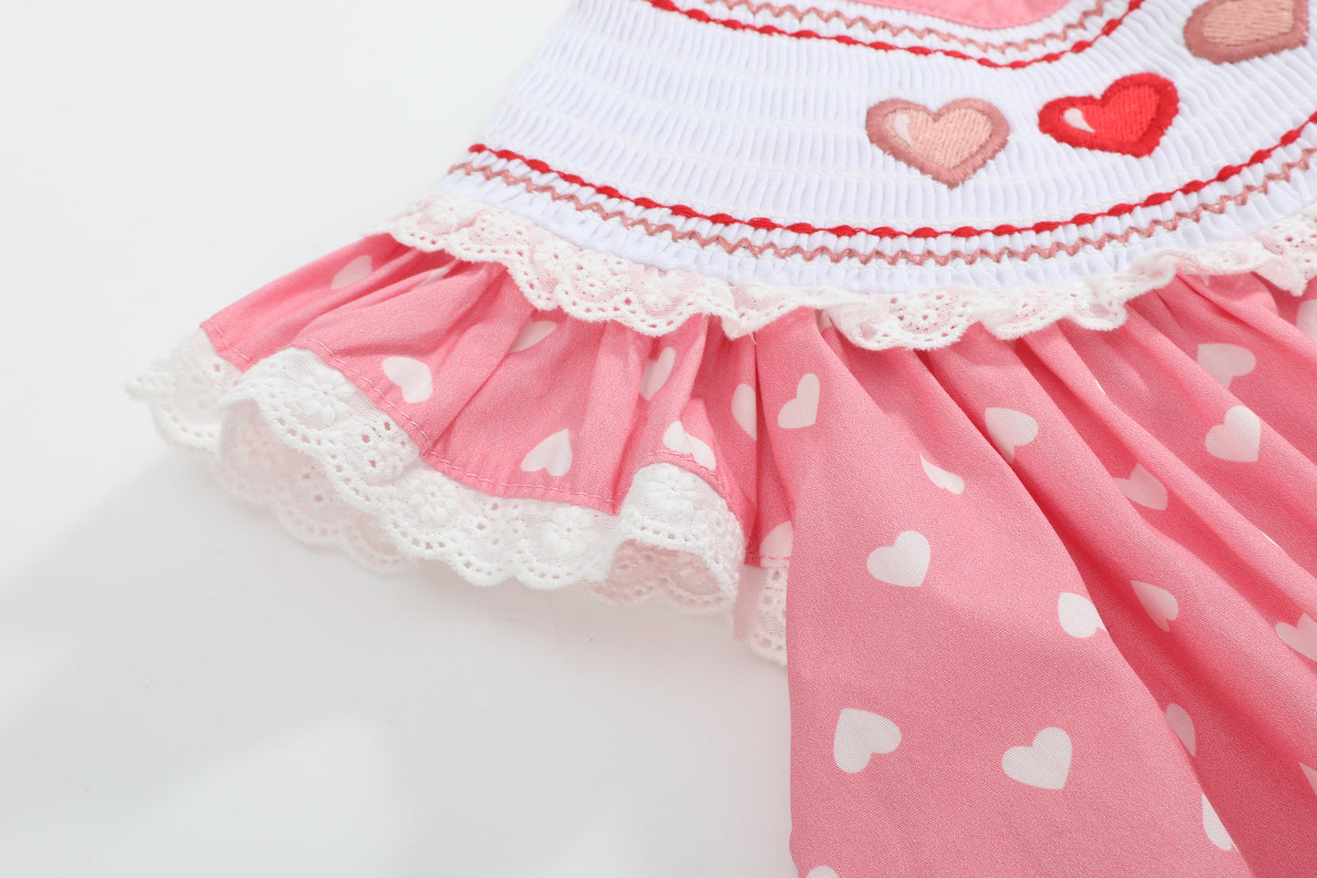 Pink Heart Print Smocked Bishop Dress