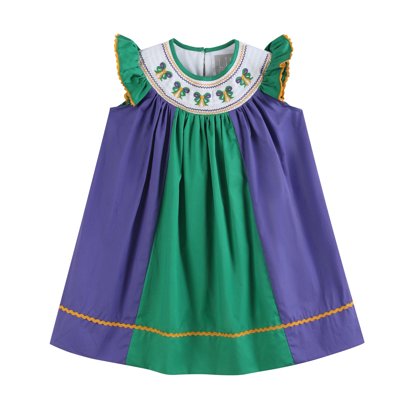 Purple Mardi Gras Bow Smocked Bishop Dress