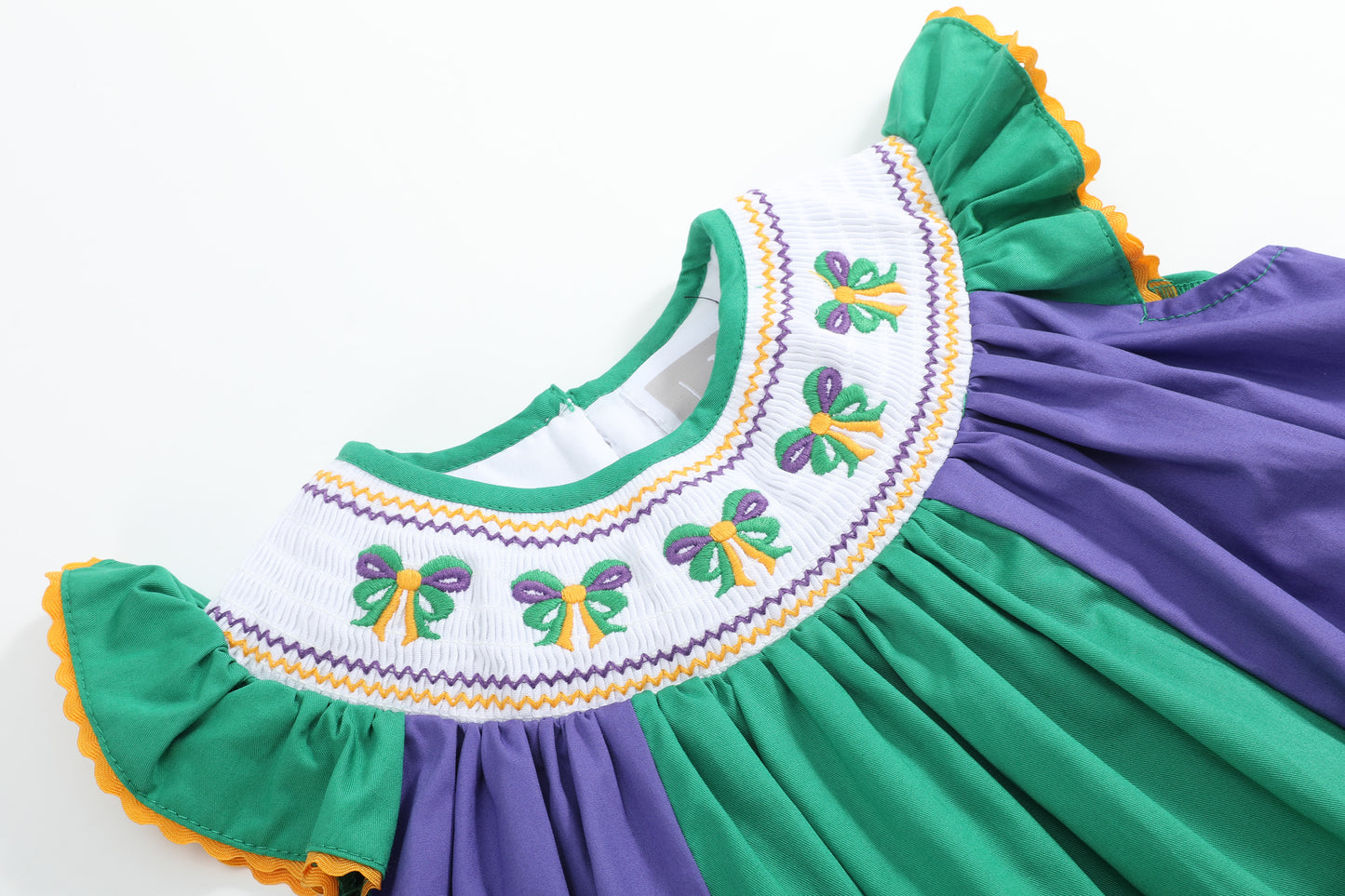 Purple Mardi Gras Bow Smocked Bishop Dress