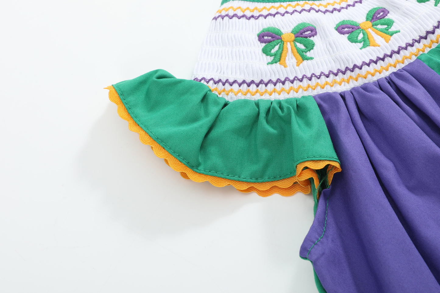 Purple Mardi Gras Bow Smocked Bishop Dress