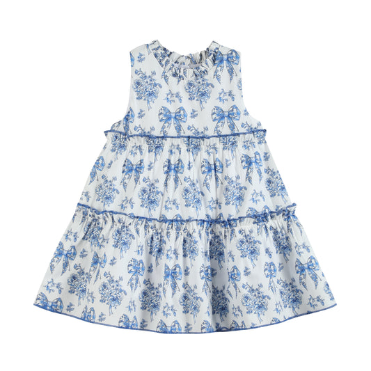 Blue and White Print Layered Ruffle Dress
