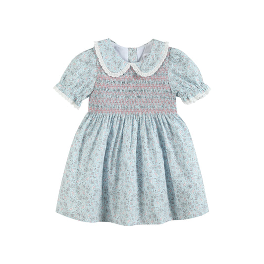 Floral Blue Dove Smocked Collared Dress