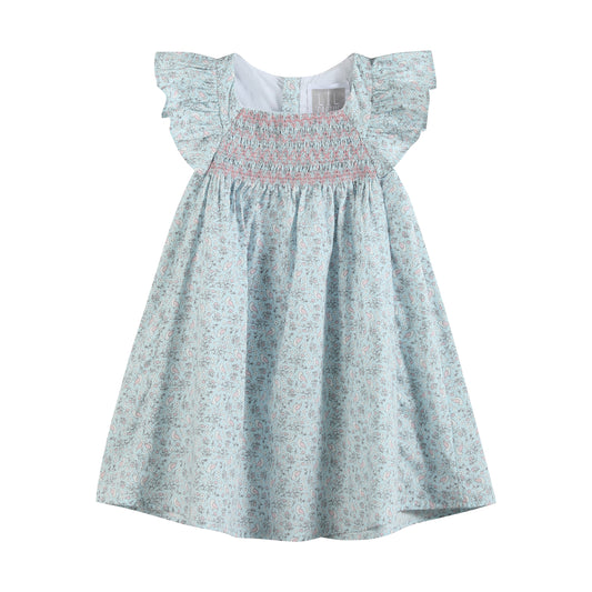Floral Blue Dove Smocked Flutter Dress