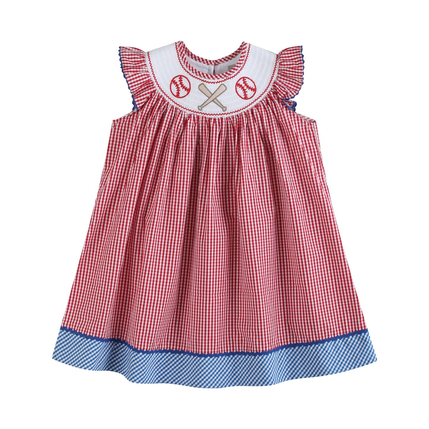 Red Gingham and Blue Baseball Smocked Bishop Dress