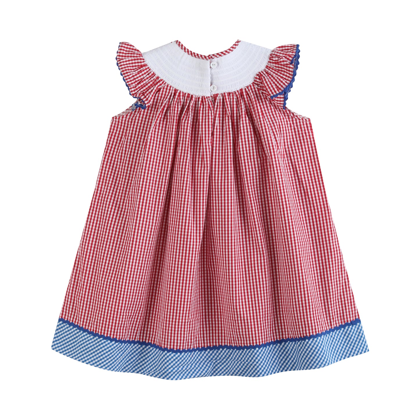 Red Gingham and Blue Baseball Smocked Bishop Dress