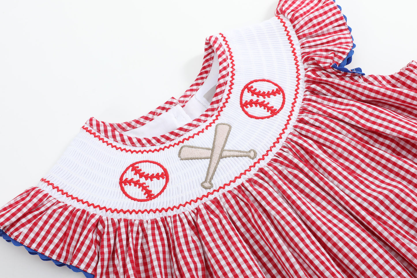 Red Gingham and Blue Baseball Smocked Bishop Dress