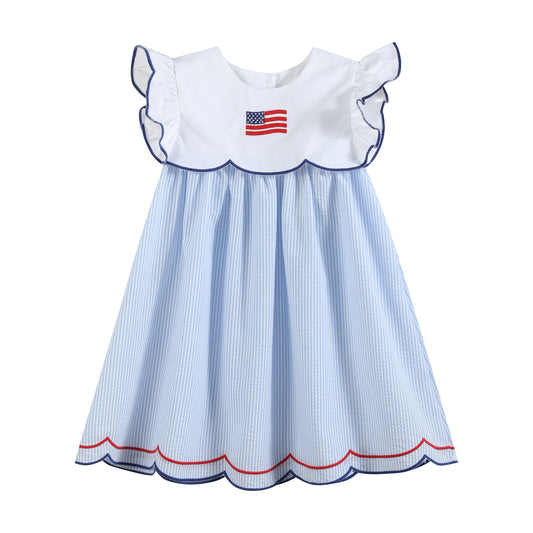 Blue Seersucker USA Flag Dress