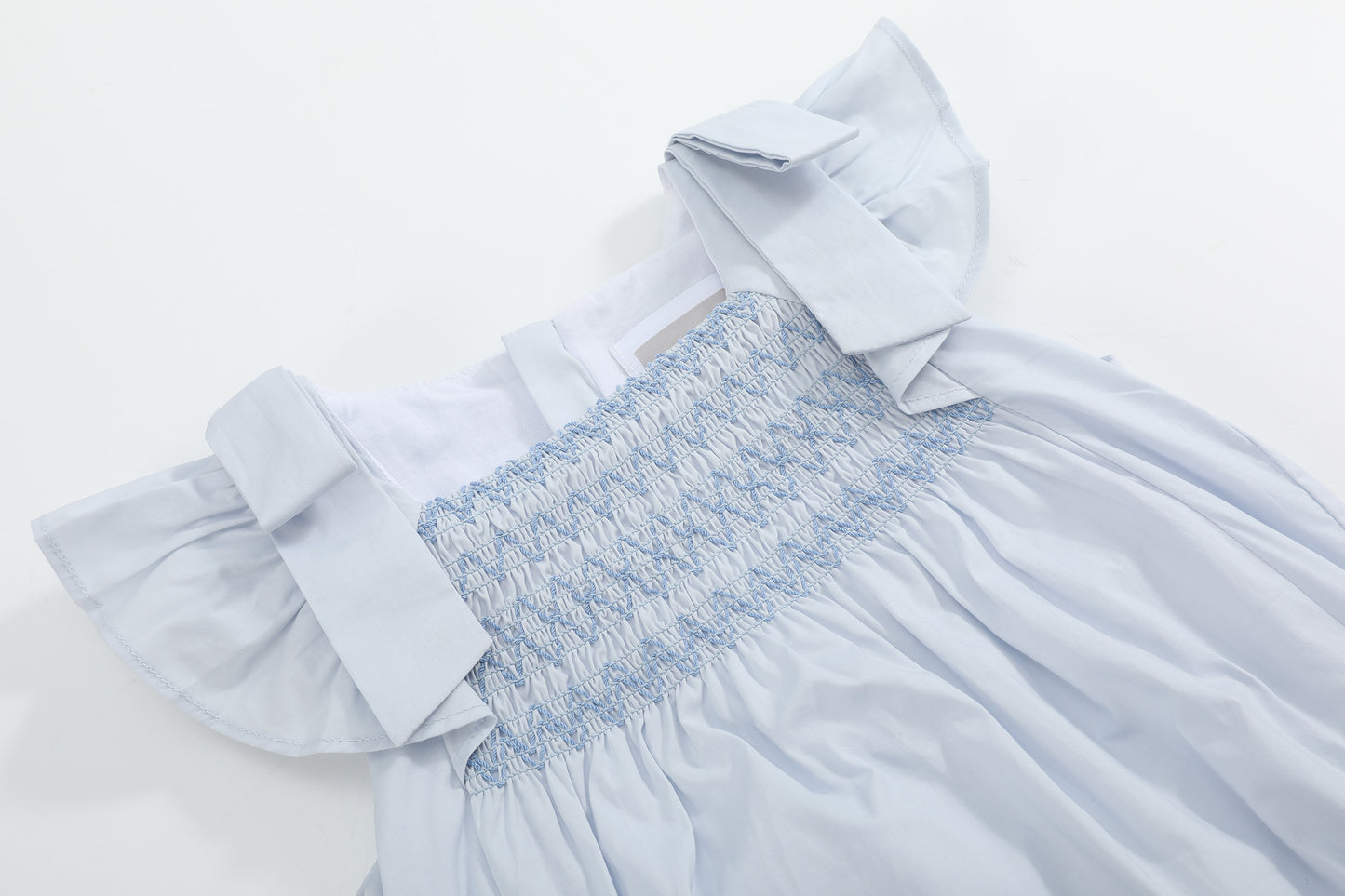 Light Blue Shoulder Bow Smocked Bubble Romper