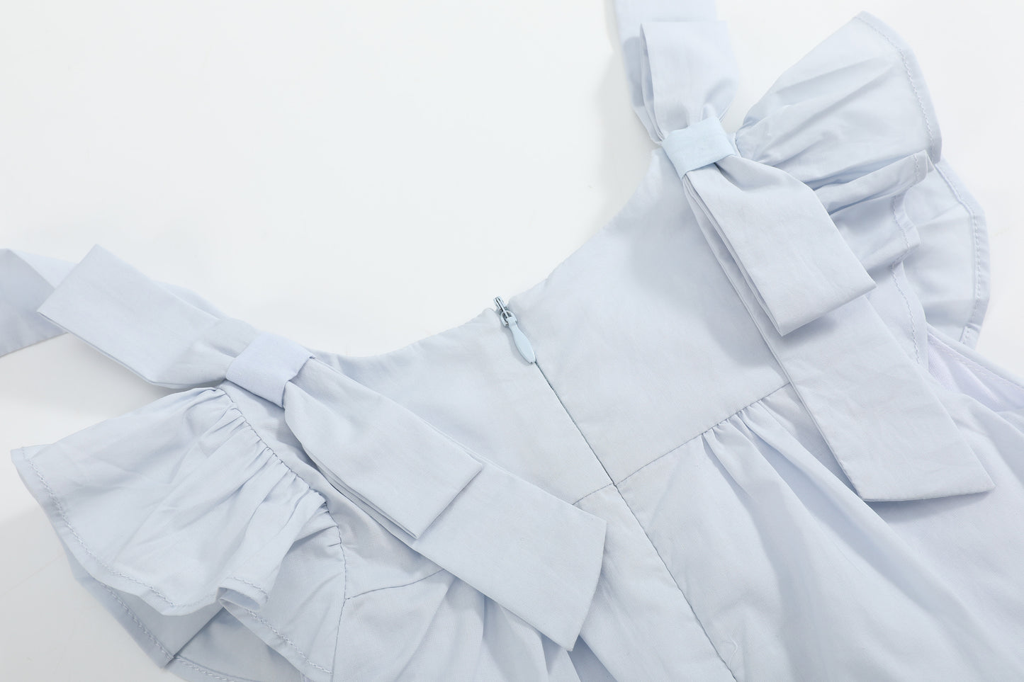 Light Blue Shoulder Bow Smocked Bubble Romper