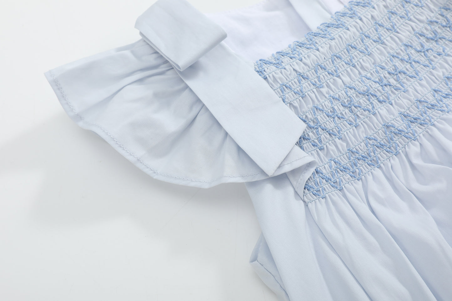 Light Blue Shoulder Bow Smocked Bubble Romper