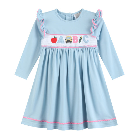 Blue Smocked Knit ABC School Dress
