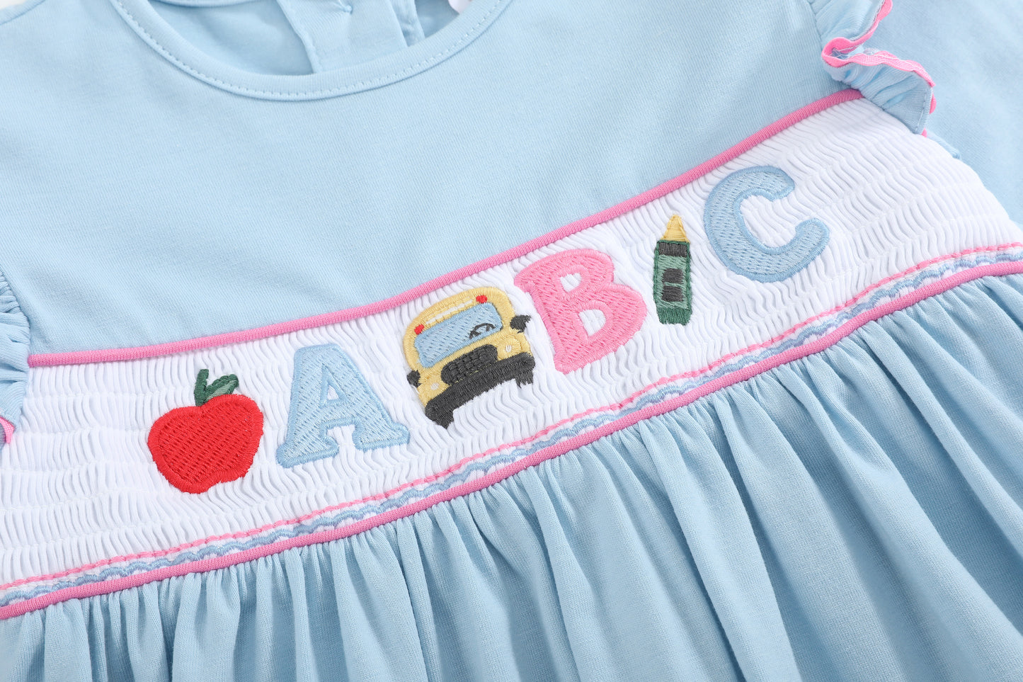 Blue Smocked Knit ABC School Dress