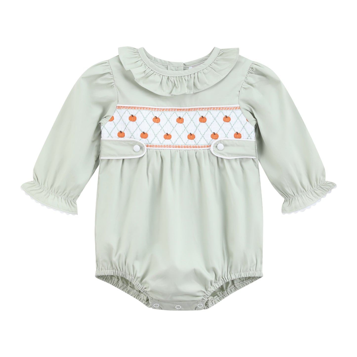 Sage Green Pumpkin Smocked Ruffle Romper