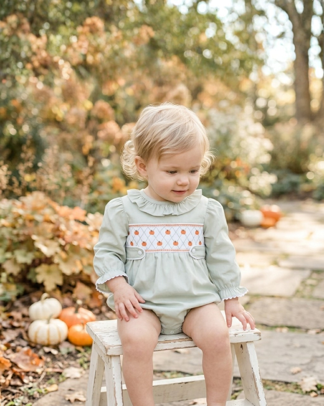 Sage Green Pumpkin Smocked Ruffle Romper