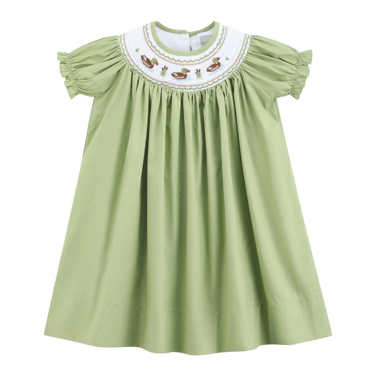 Pistachio Green Mallard Duck Smocked Bishop Dress