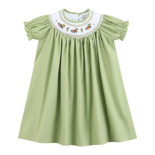Pistachio Green Mallard Duck Smocked Bishop Dress