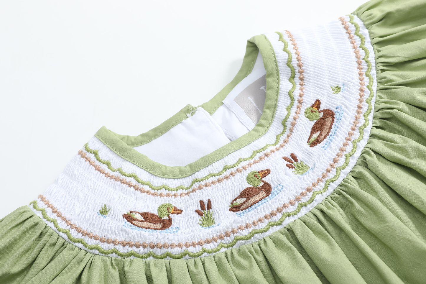 Pistachio Green Mallard Duck Smocked Bishop Dress