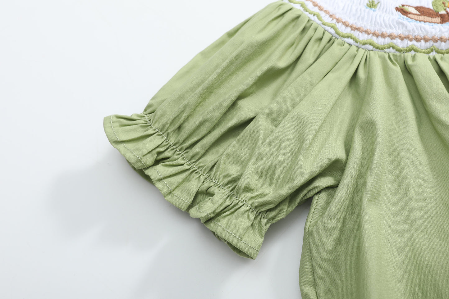 Pistachio Green Mallard Duck Smocked Bishop Dress