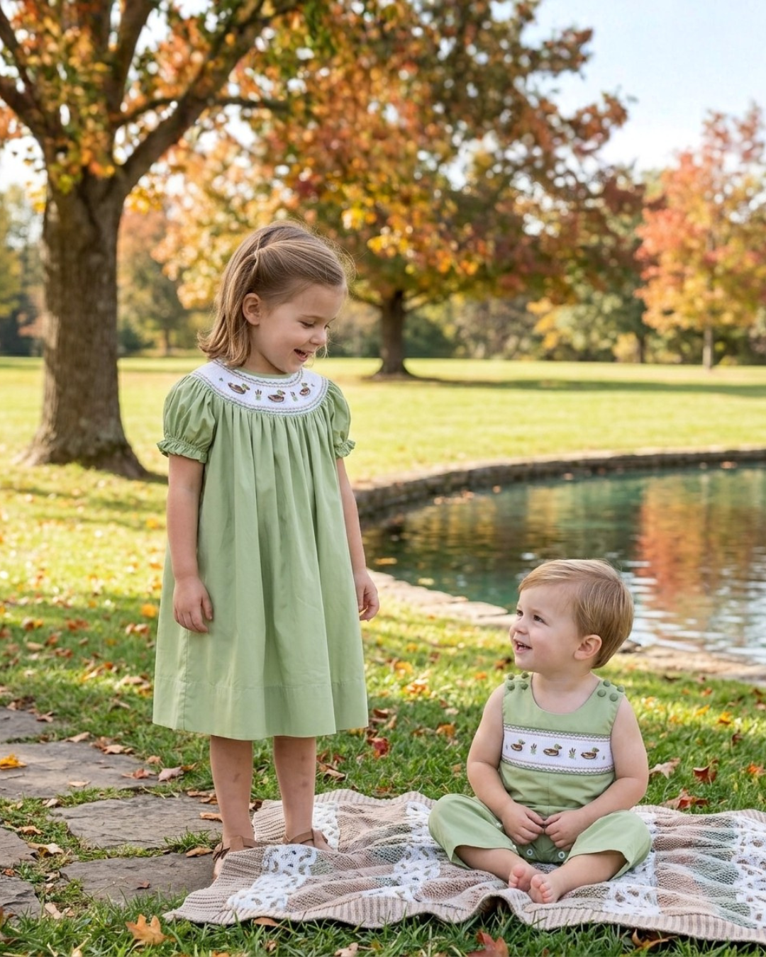 Pistachio Green Mallard Duck Smocked Bishop Dress