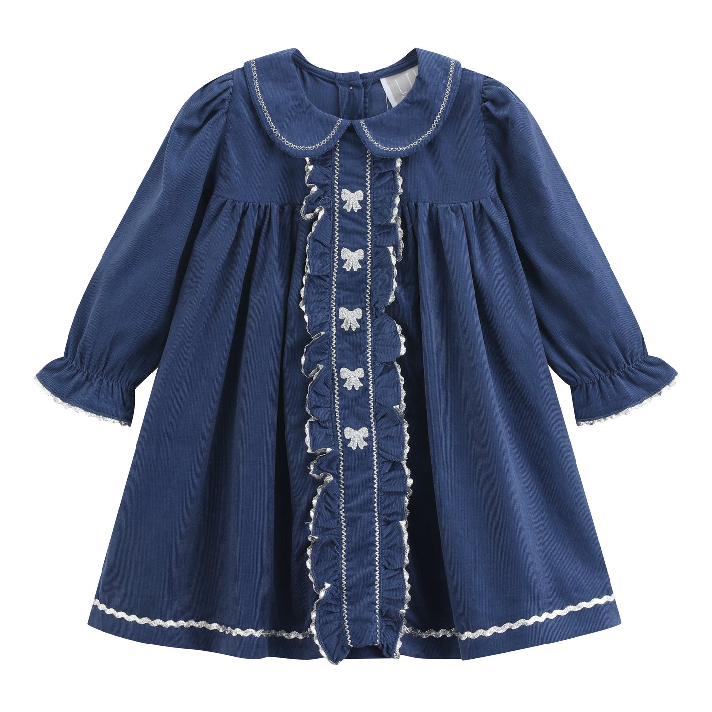 Navy Corduroy Ruffle Dress with Silver Bows