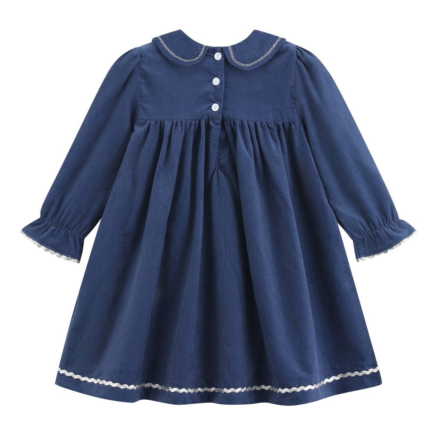 Navy Corduroy Ruffle Dress with Silver Bows