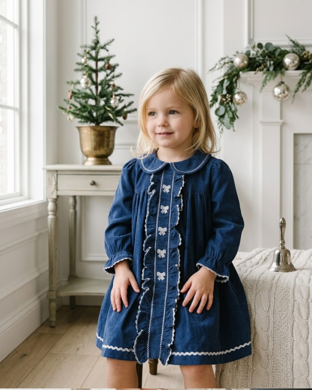 Navy Corduroy Ruffle Dress with Silver Bows