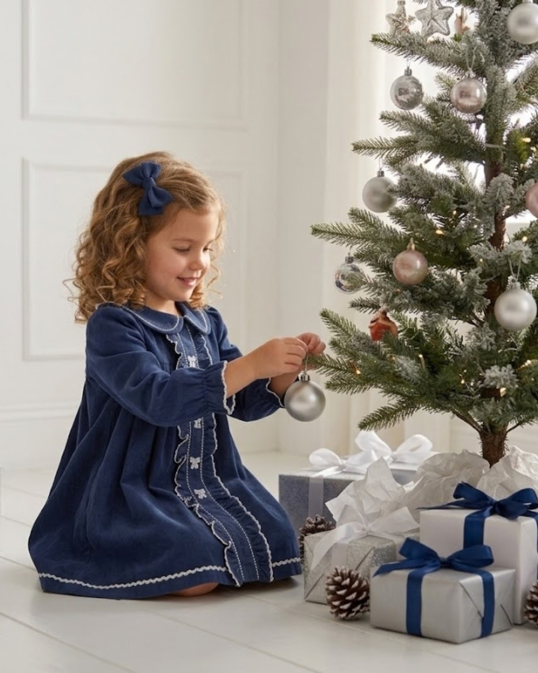 Navy Corduroy Ruffle Dress with Silver Bows