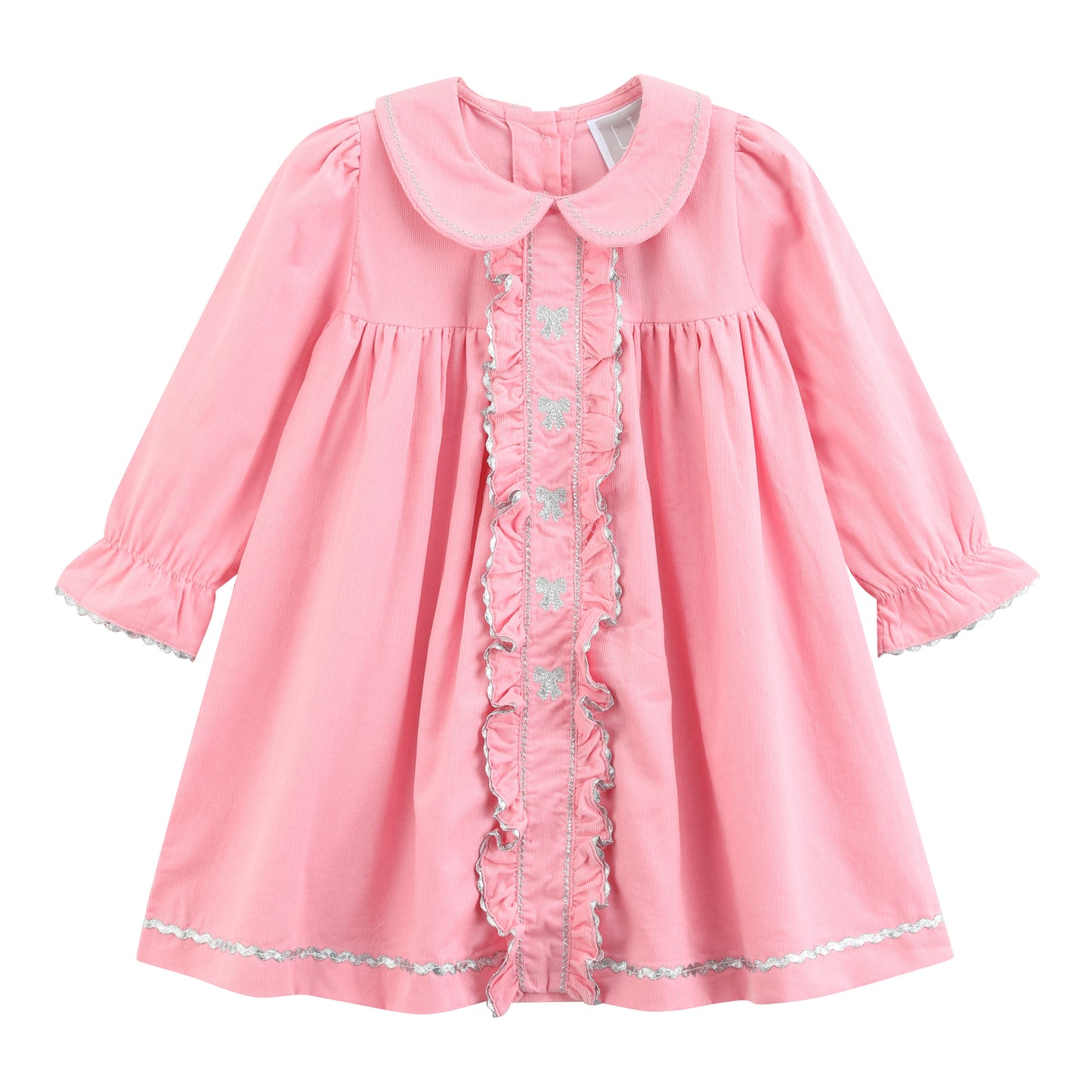 Pink Corduroy Ruffle Dress with Silver Bows