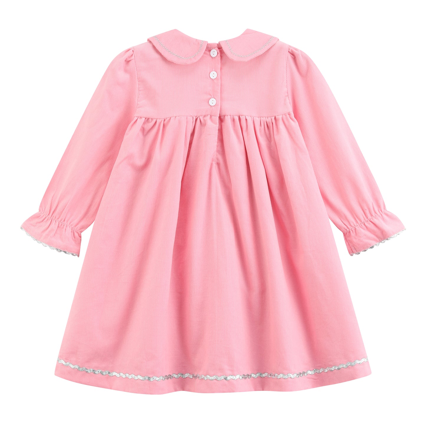 Pink Corduroy Ruffle Dress with Silver Bows