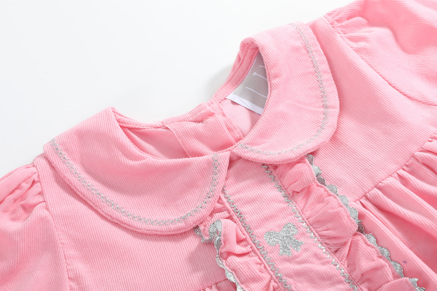 Pink Corduroy Ruffle Dress with Silver Bows