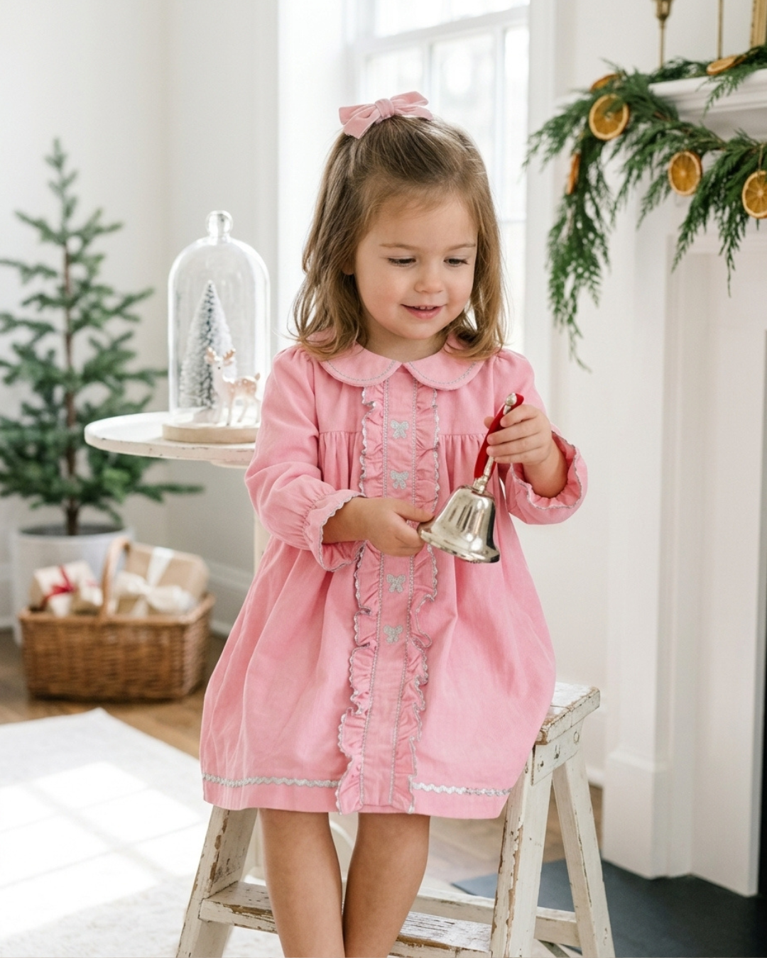 Pink Corduroy Ruffle Dress with Silver Bows