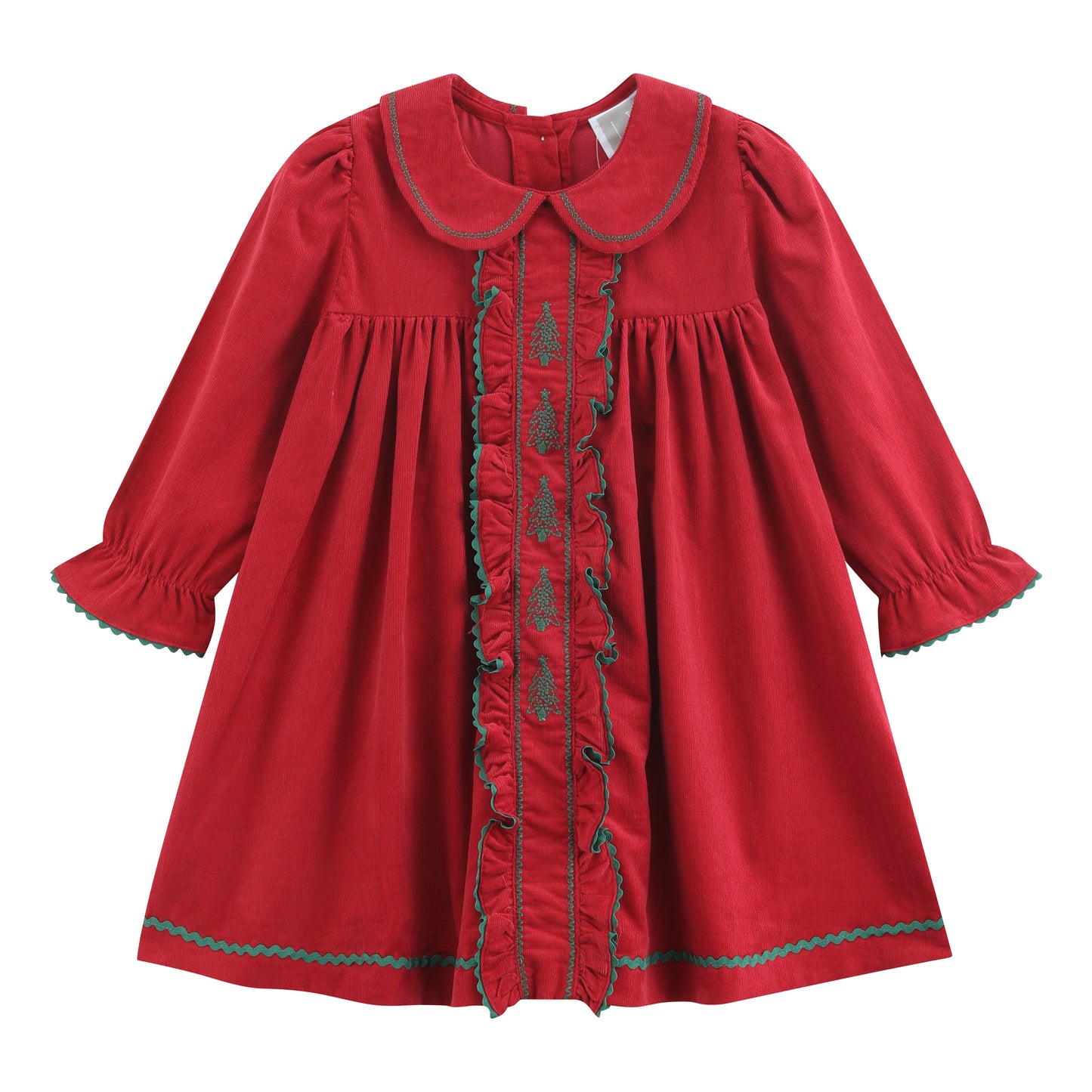Red Corduroy Ruffle Dress with Christmas Trees