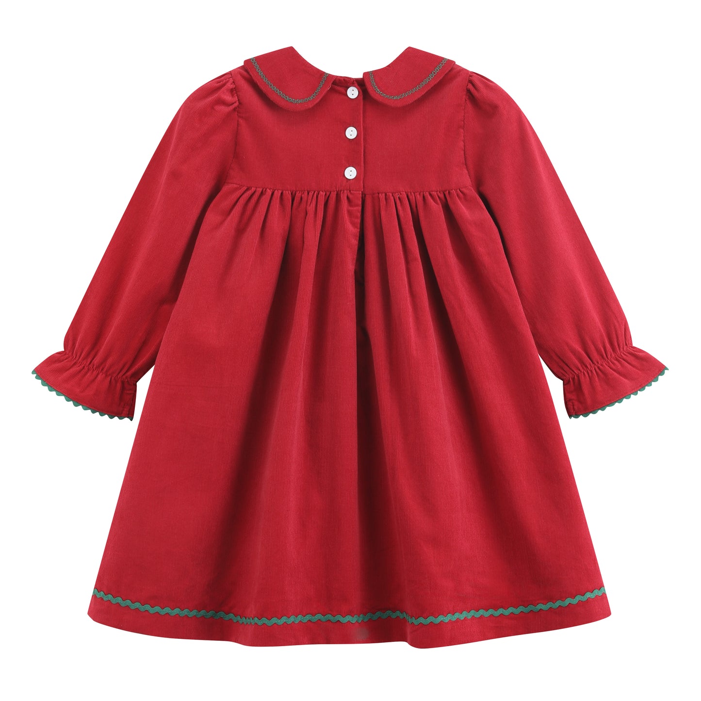 Red Corduroy Ruffle Dress with Christmas Trees