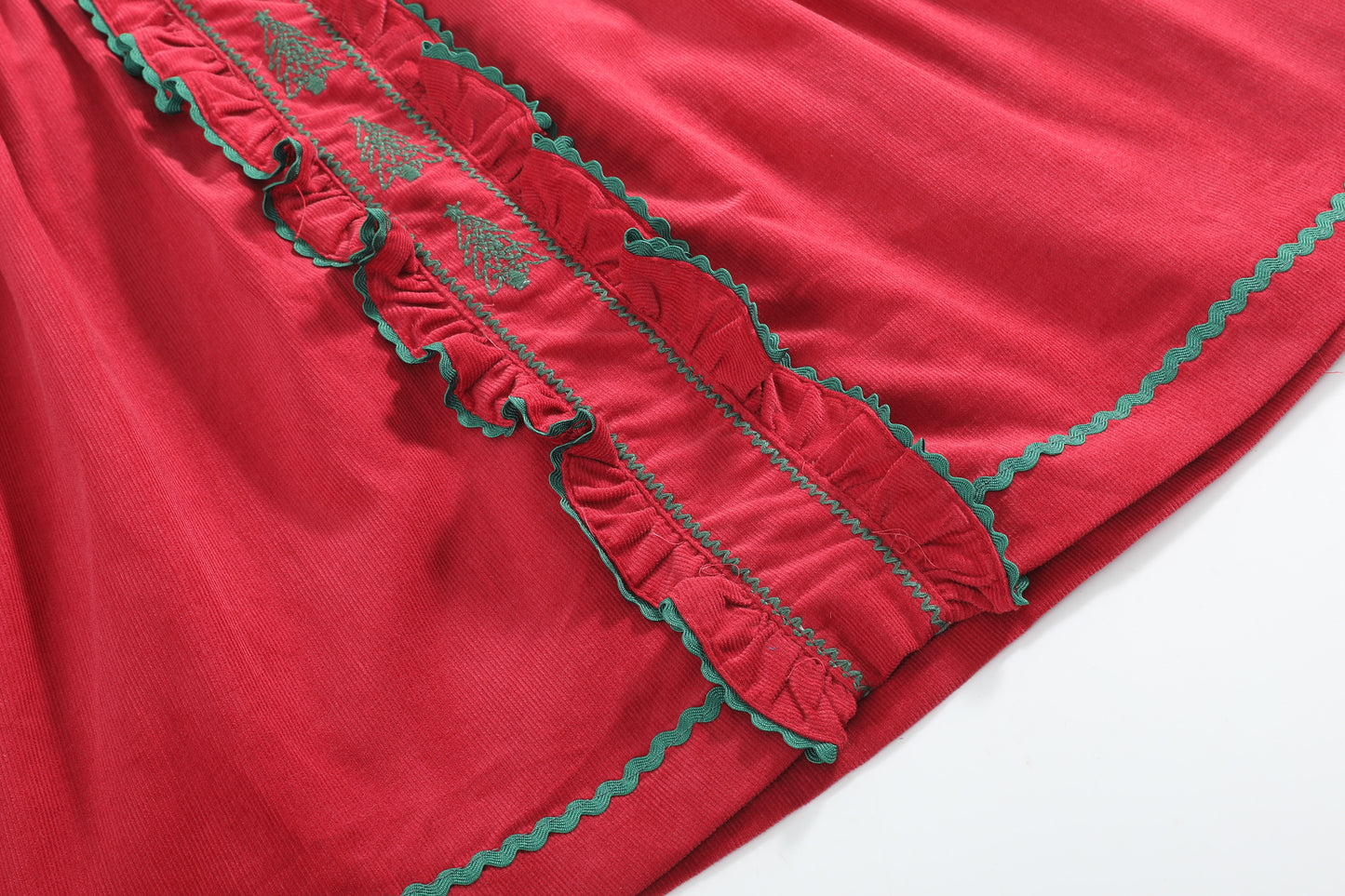 Red Corduroy Ruffle Dress with Christmas Trees