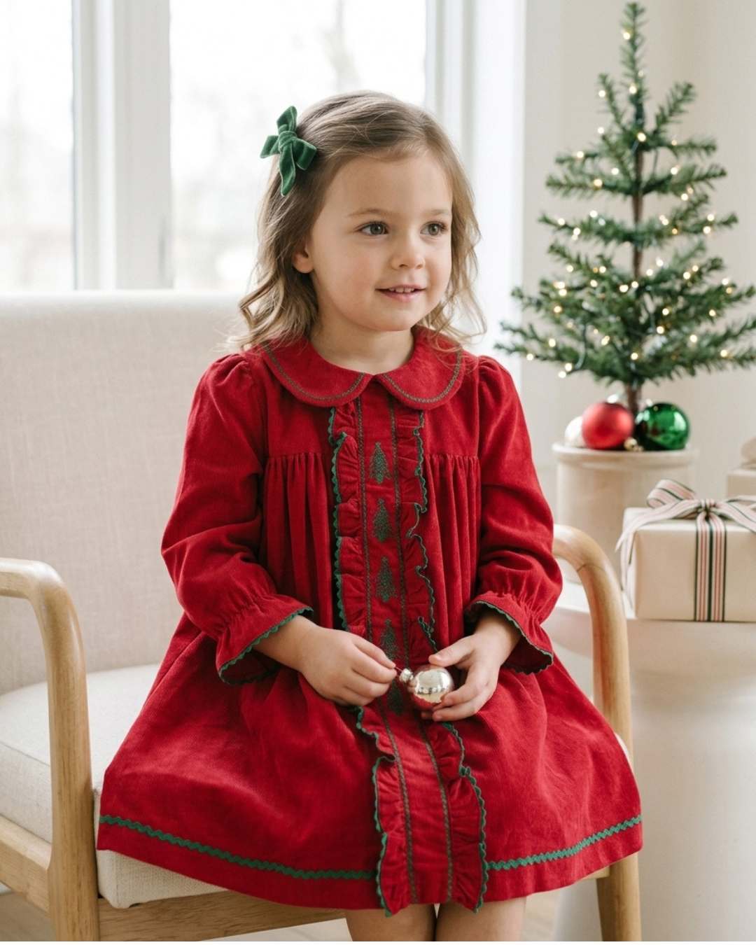Red Corduroy Ruffle Dress with Christmas Trees
