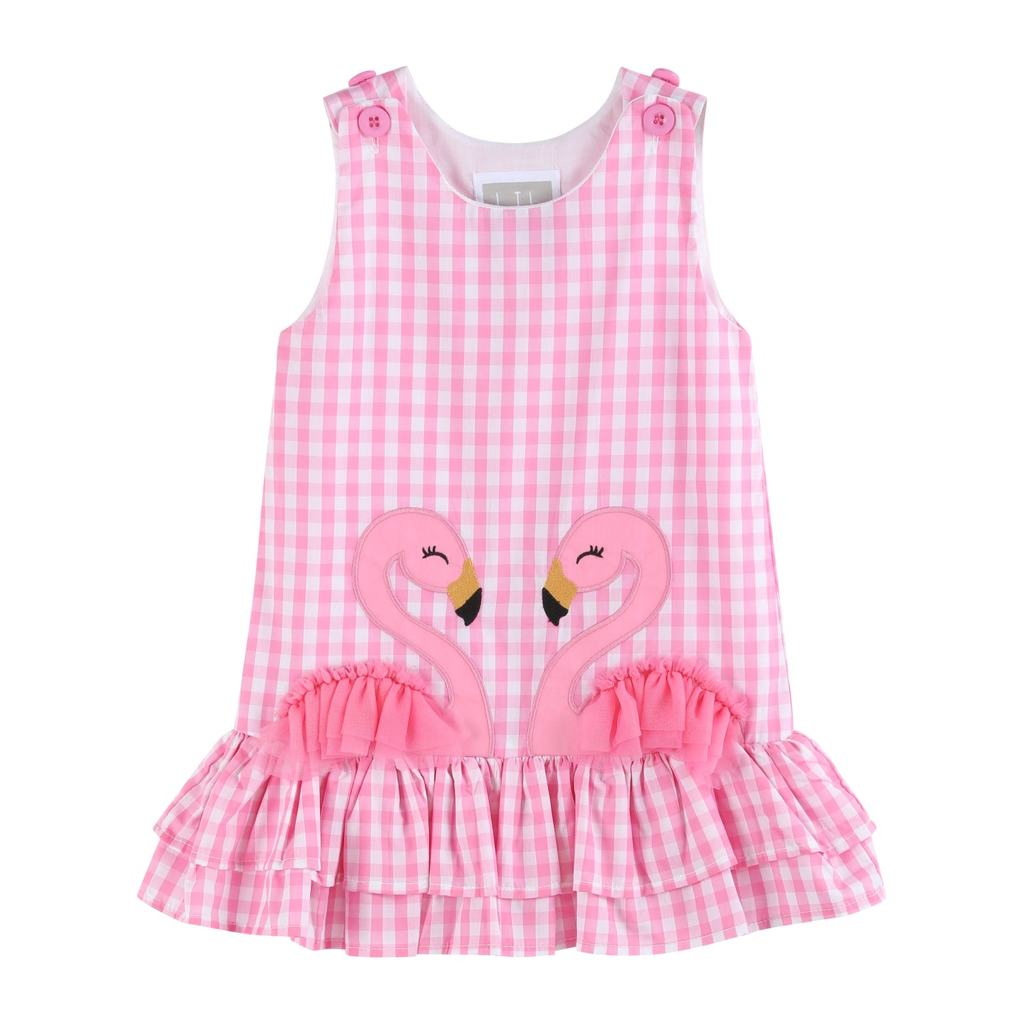 Pink Gingham Flamingo Tulle Ruffle Dress