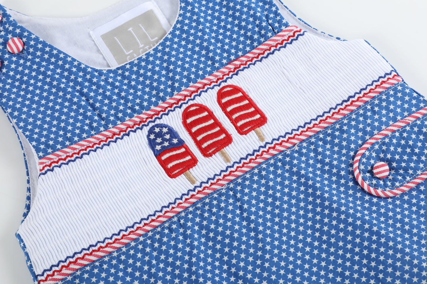 Blue & White Star Print USA Flag Popsicles Smocked Shortalls