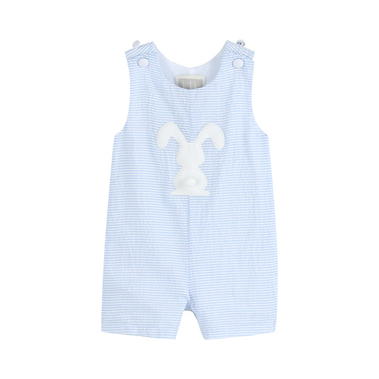 Light Blue Seersucker Pom Pom Bunny Shortalls