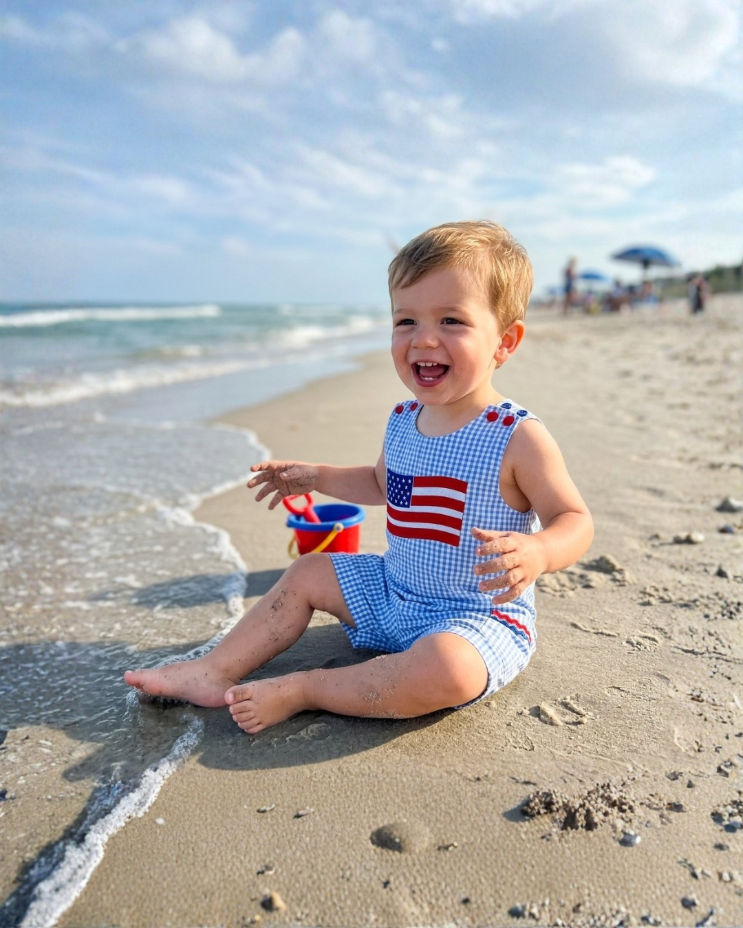 Blue Gingham American Flag Pocket Shortalls