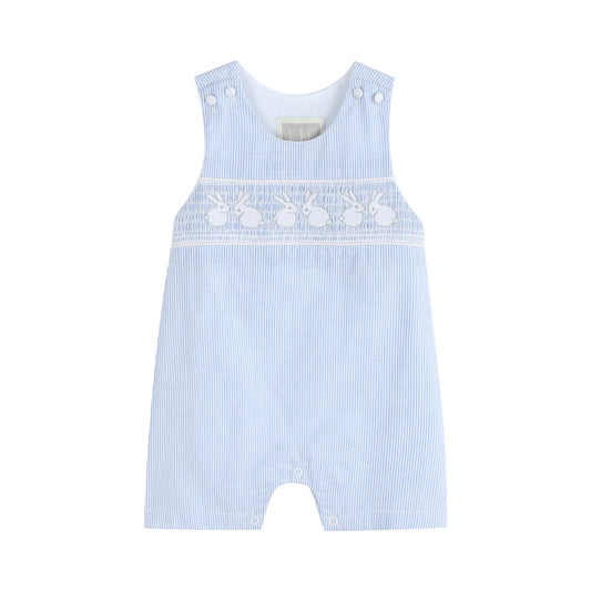 Light Blue Seersucker Bunny Smocked Shortalls