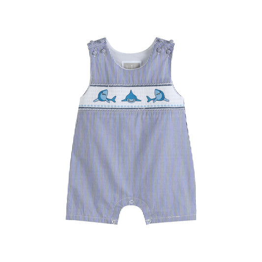 Navy Stripe Shark Smocked Shortalls