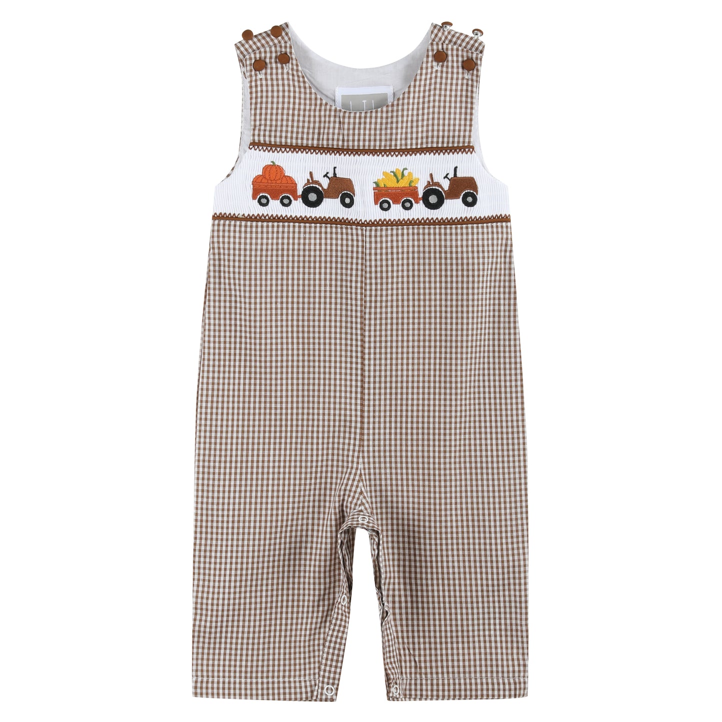 Brown Gingham Pumpkin and Corn Tractor Smocked Overalls