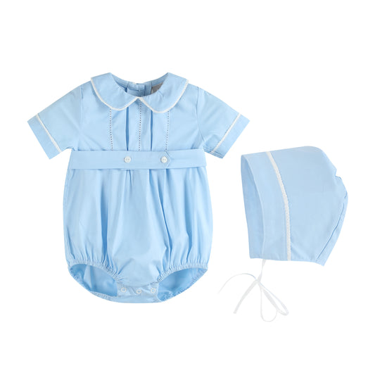 Light Blue Collared Button Romper with Bonnet