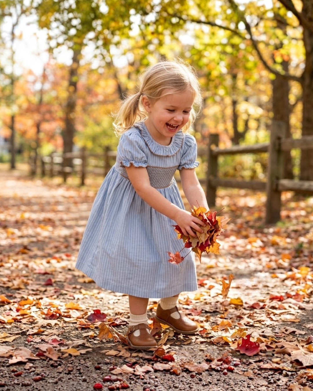 Blue Pinstripe Brown Smocked Ruffle Collar Dress