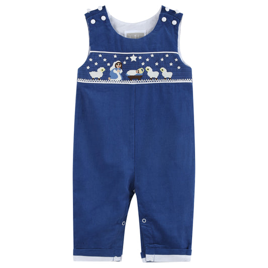 Royal Blue Nativity Sky Smocked Corduroy Overalls