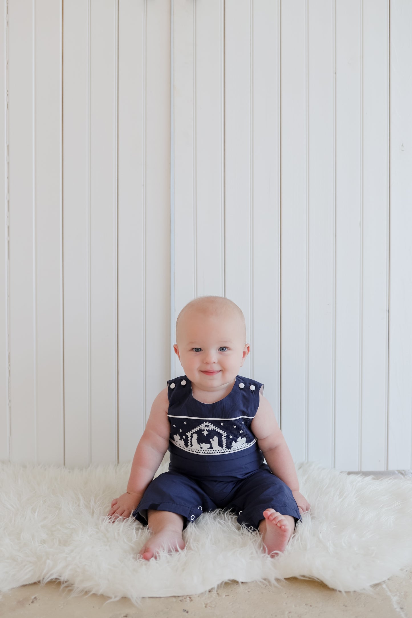 Dark Blue Nativity Smocked Overalls