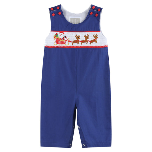 Royal Blue Santa and Sleigh Smocked Overalls