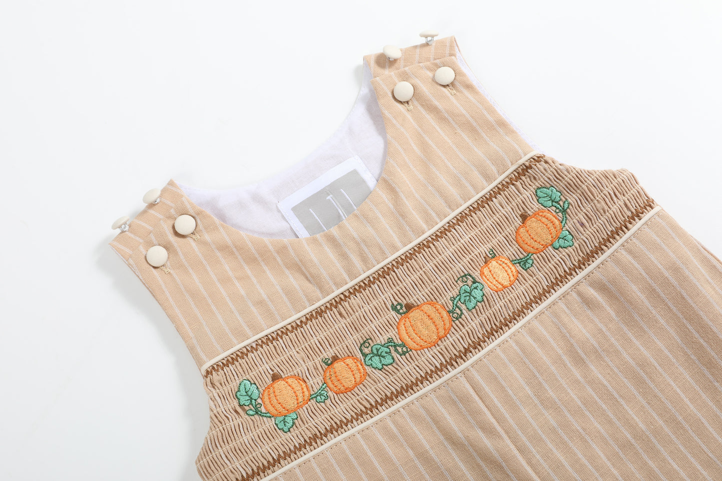 Light Brown Pinstripe Pumpkin Smocked Overalls