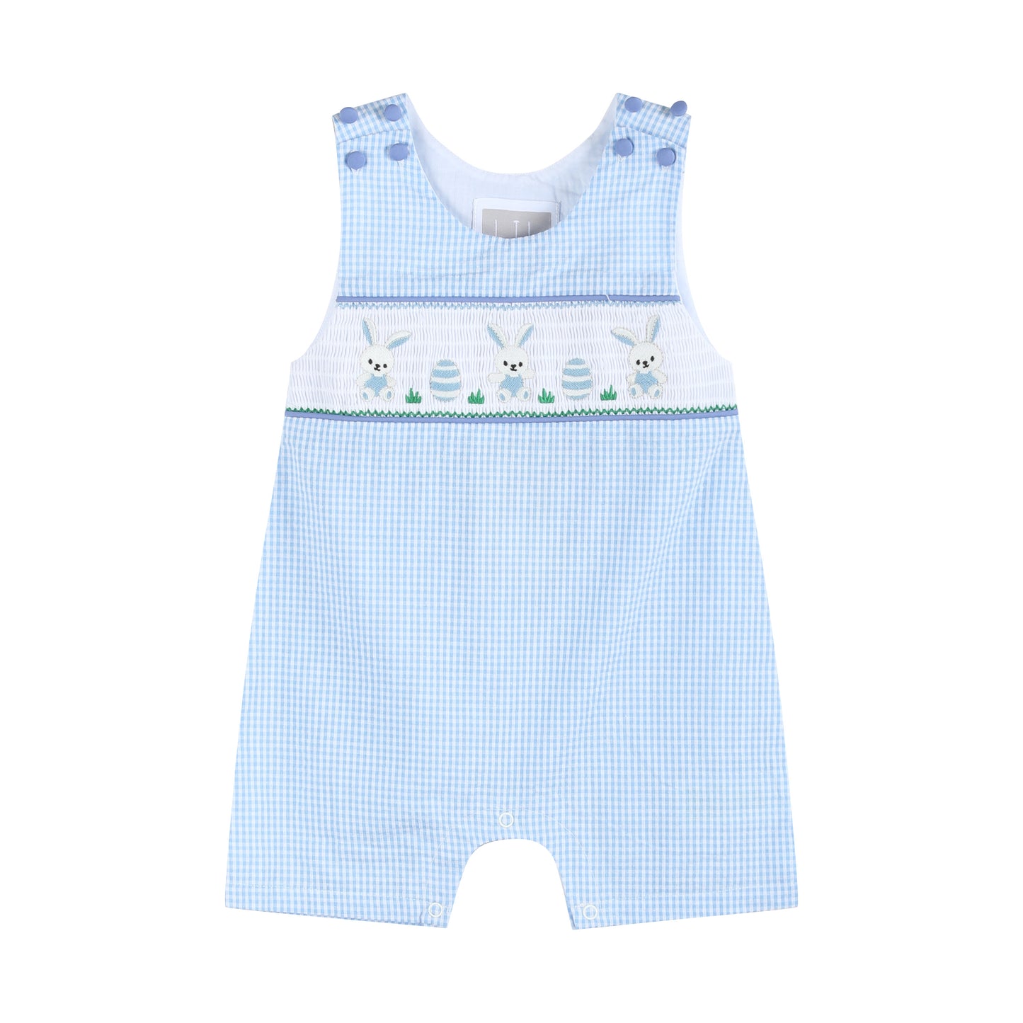 Light Blue Gingham Easter Egg and Bunnies Smocked Shortall