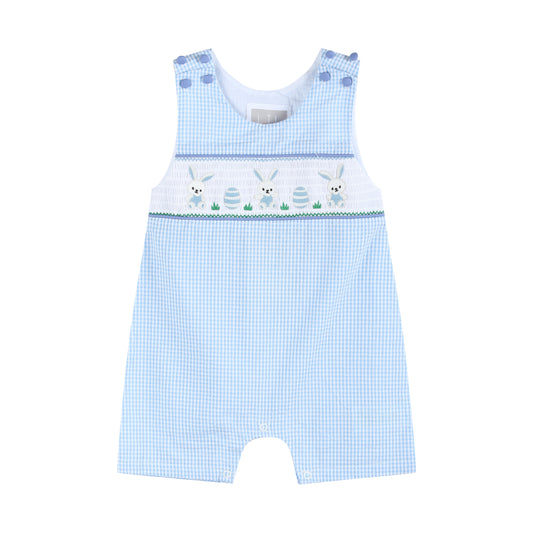 Light Blue Gingham Easter Egg and Bunnies Smocked Shortall